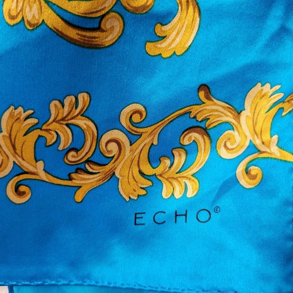 Vtg 90s Echo Silk Scarf Blue Gold Baroque Cherub Print Oblong 11X58 Maximalist